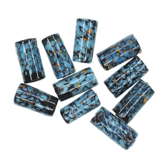 Blue and yellow speckled tube beads