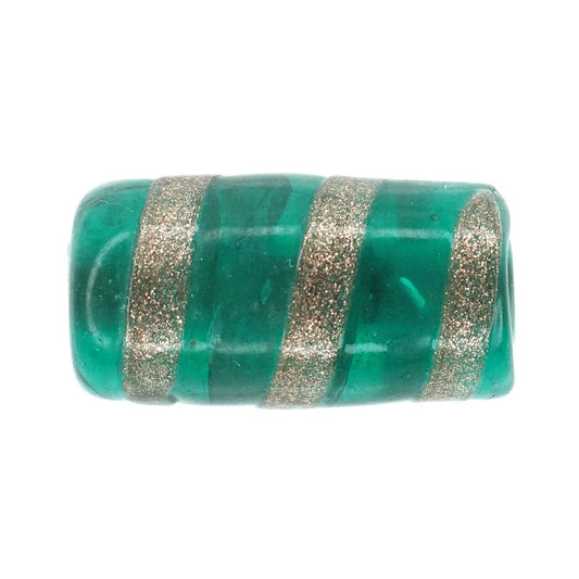 Translucent green tube bead with gold swirl
