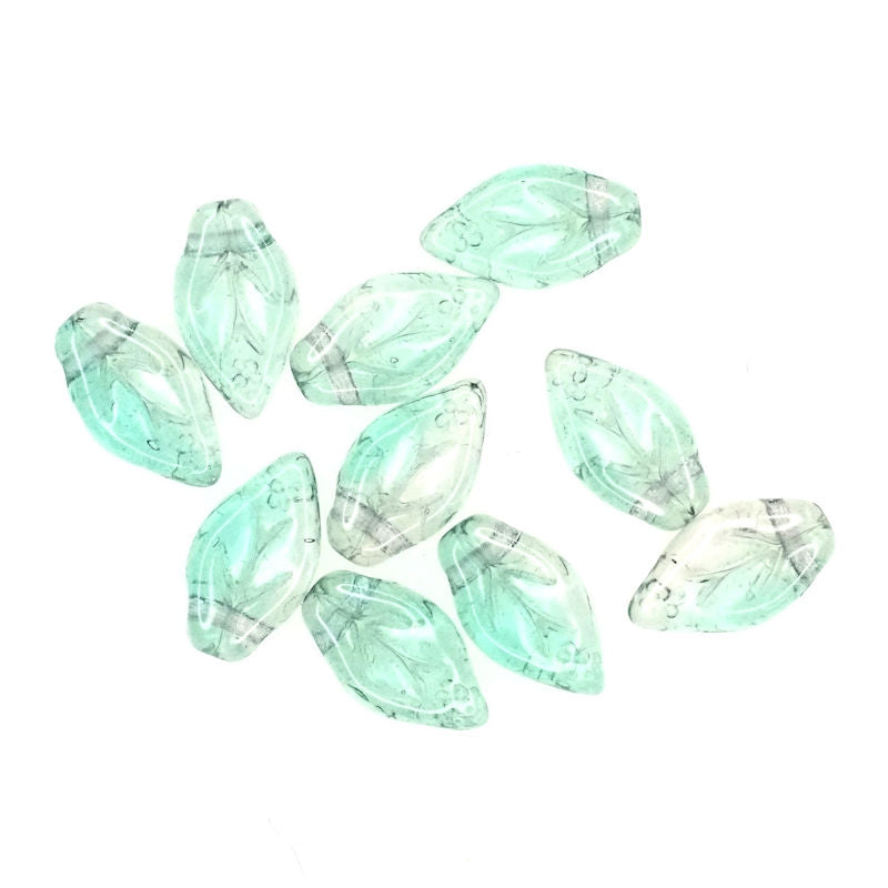 10 mm by 6 mm top-drilled vintage blue-green glass leaves