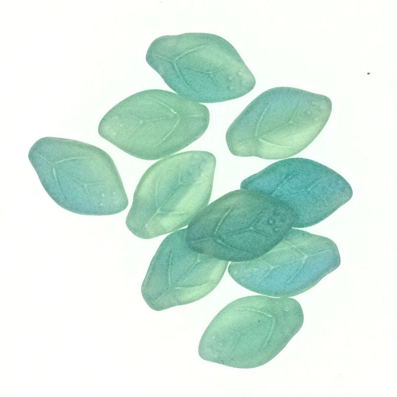 12 mm by 8 mm top-drilled vintage frosted blue-green glass leaves