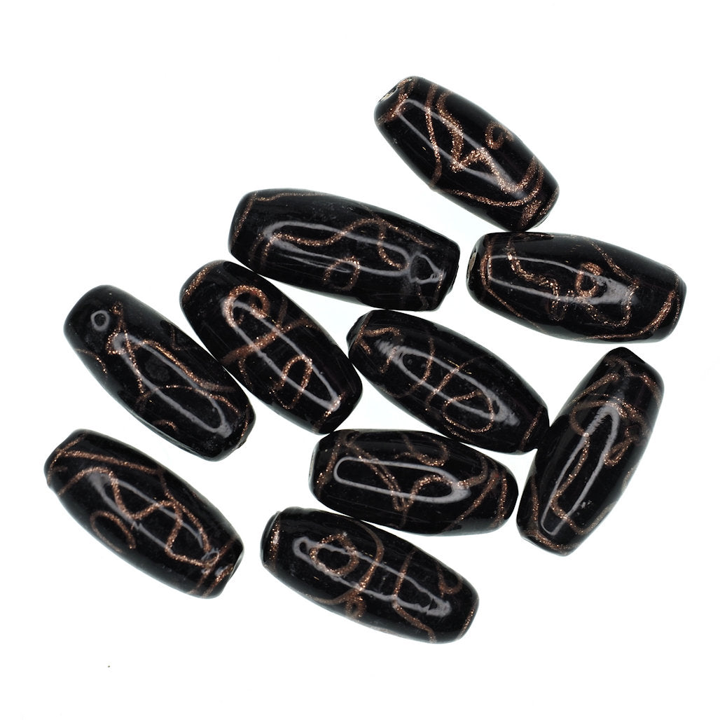 Black round tube bead with gold stripe