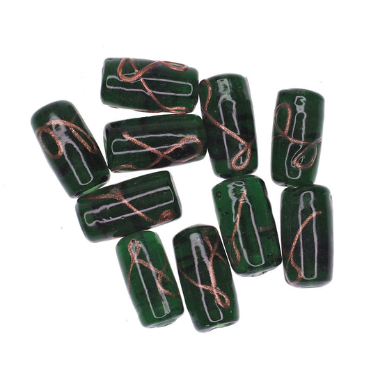 Green tube bead with gold stripe
