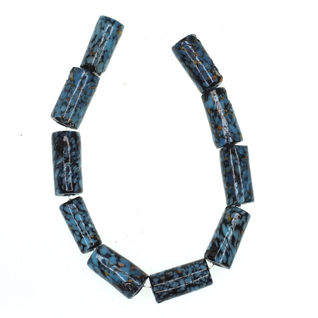 Blue and yellow speckled tube beads