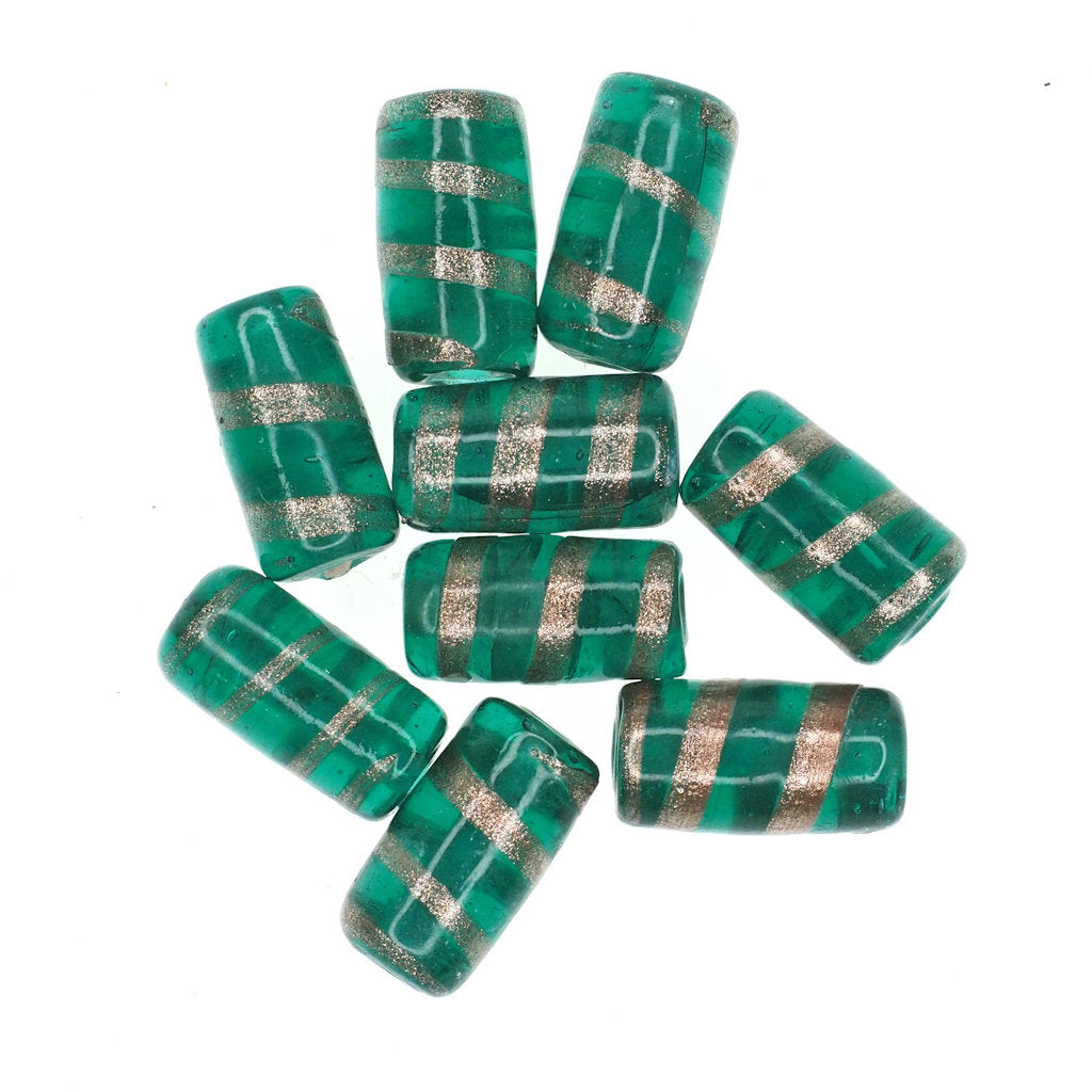 Translucent green tube bead with gold swirl